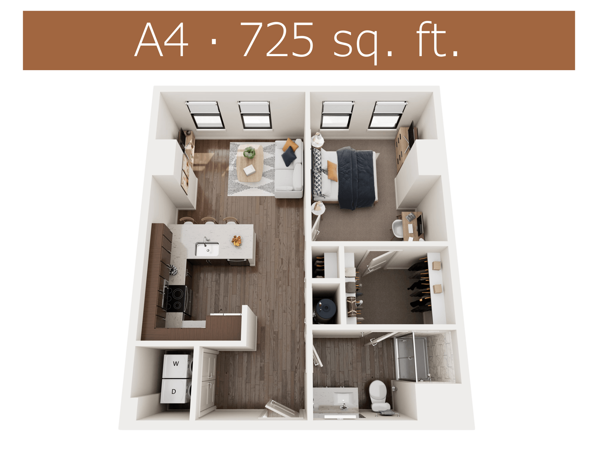 Floor plan for 1 bed, 1 bath, 725 sqft